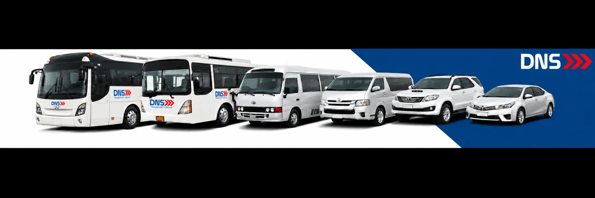 DNS Transport Group fleet of buses, coaster, van, SUV, and sedan